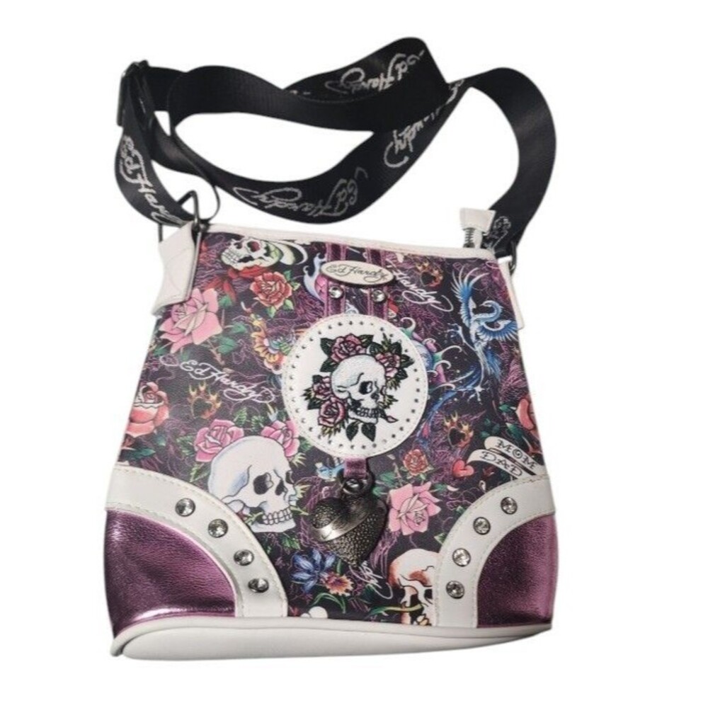 Ed Hardy Skull & Roses Crossbody Bag Embellished Tattoo Heart Charm Adj. Strap